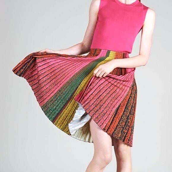 Akris Tulip Farm Flower Field Print Skirt Colorful Rainbow Stripe Pink Orange 6 - Picture 1 of 11